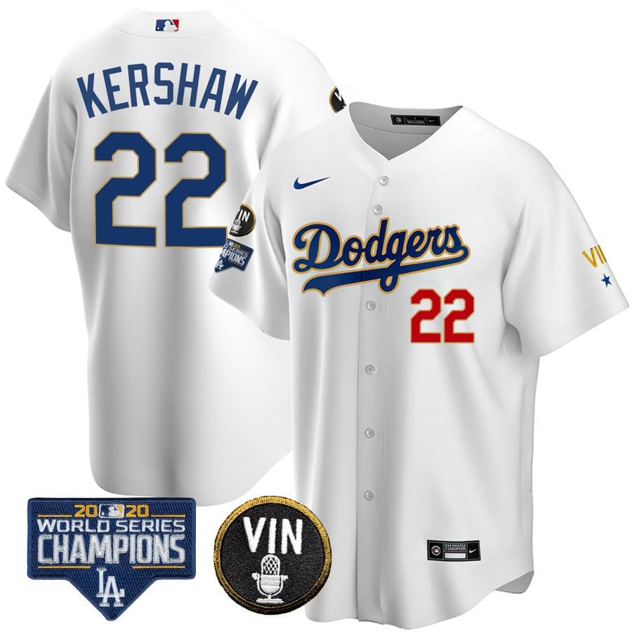 Men's Dodgers World Series & Vin Sculy Patch Gold Jersey - All Stitche