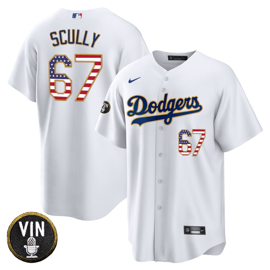 Men's Los Angeles Dodgers Vin Scully Patch Gold Trim Flag Jersey - All