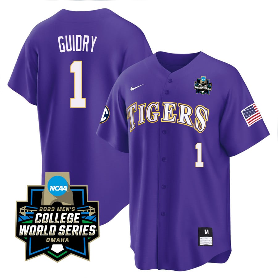 Men's LSU Tigers College Baseball World Series Purple Jersey - All Stitched