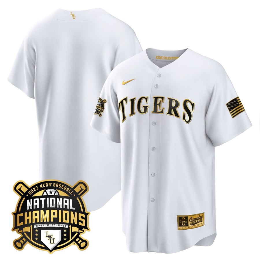 Men's LSU Tigers 2023 National Champions Gold Cool Jersey - All Stitched