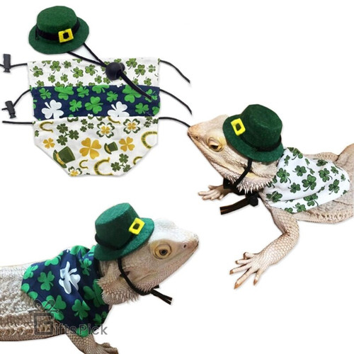 Adjustable Bearded Dragon Costume Lizard Hat with Cloak for Reptiles Small Animals Saint Patricks Day Dress Up Accessory