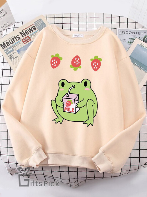 Womens Sweatshirts Cute Frog Drink Strawberry Milk Tea Print Clothing Lady Oversize Moletom Hip-Hop Kawaii Animal Females Hoodie