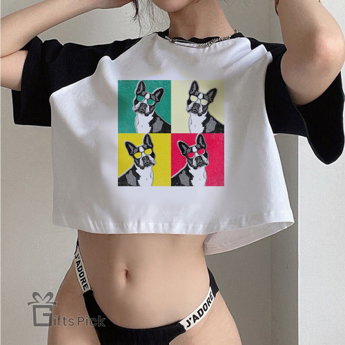 Boston Terrier hippie gothic crop top Woman graphic 90s Harajuku kawai clothes tshirt