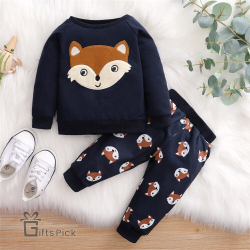 Fox Printed Baby Boys Clothes Set Winter Warm Kids Toddler Costume Cartoon Top+Pant 2021 Cute Children's Clothing Outfits