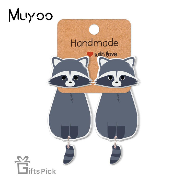 New Cute Gray Raccoon Animal Acrylic Epoxys Resin Stud Earrings Handcraft Funny Raccoon Stud Earrings