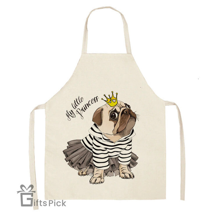Cute Dog Pug Printed Cotton Linen Sleeveless Apron Kitchen Aprons Women Home Cooking Baking Waist Bib Pinafore Delantales
