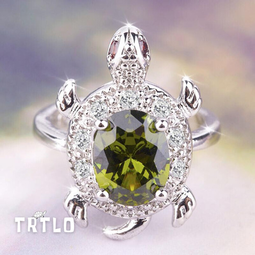 Olive Green Turtle Ring Crystal Zircon Stone Wedding Jewelry Gift