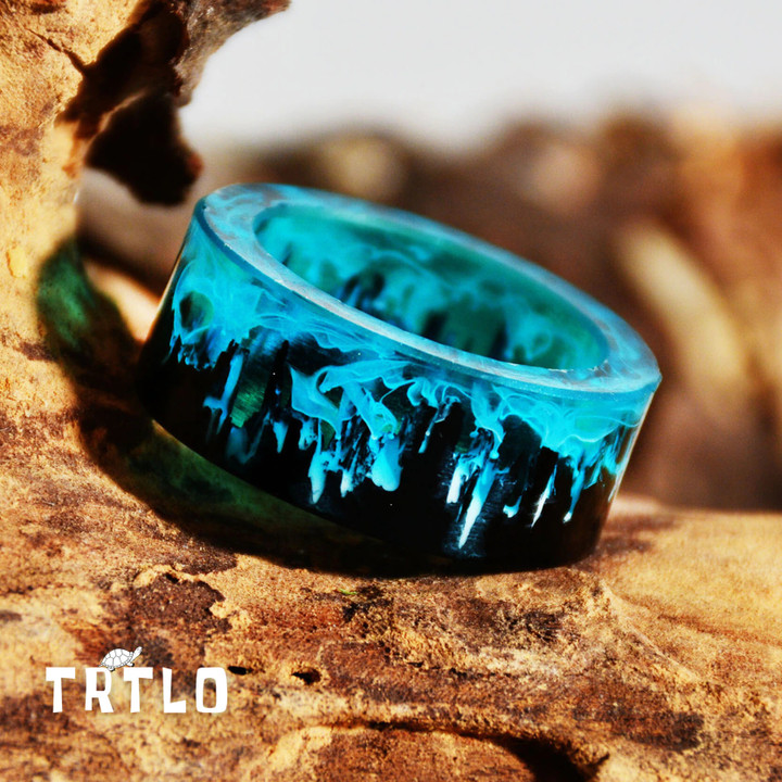 Blue Mountains Wooden Inside Magical World In A Tiny Landscape Ring for Women Men Jewelry