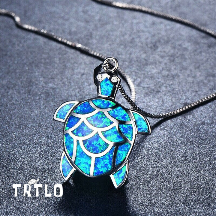 Silver Necklace Blue Simulated Opal Turtle Pendant Party Jewelry Gift
