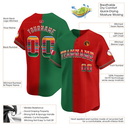 Green Red Split Mexico Flag Custom Baseball Jersey