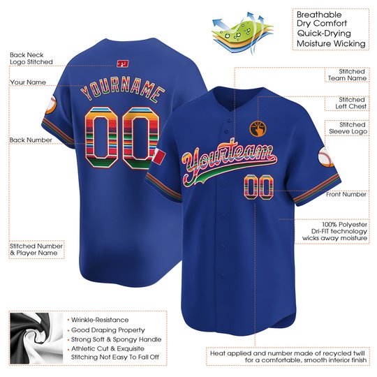 Royal Mexico Flag Serape Pattern Custom Baseball Jersey
