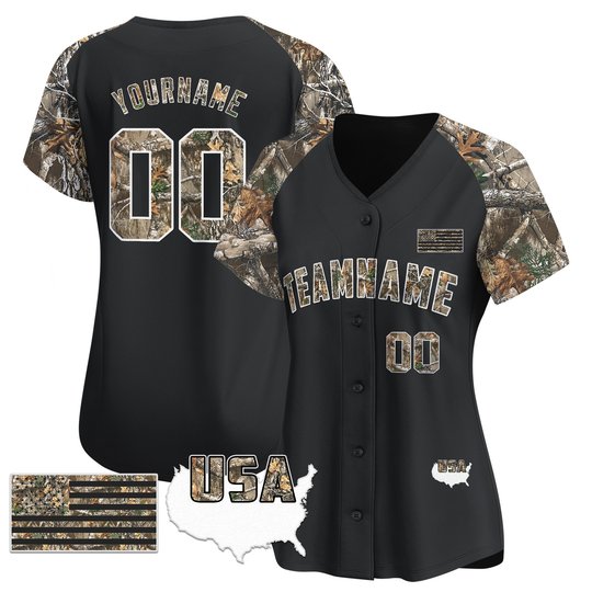 Black Alternate Camo Tree USA Flag Custom Baseball Jersey