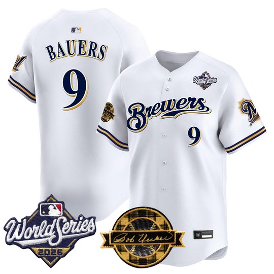 Men's Milwaukee Brewers Throwback Vapor Premier Limited Jersey - 2026 World Series & Bob Uecker Patch - All Stitched