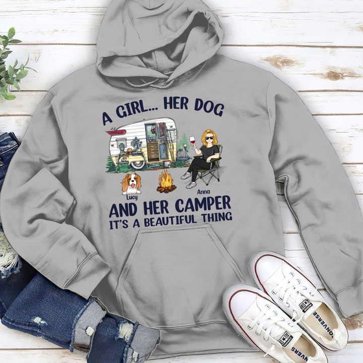 A GIRL HER DOG AND HER CAMPER - GIFT FOR CAMPERS - PERSONALIZED CUSTOM HOODIE