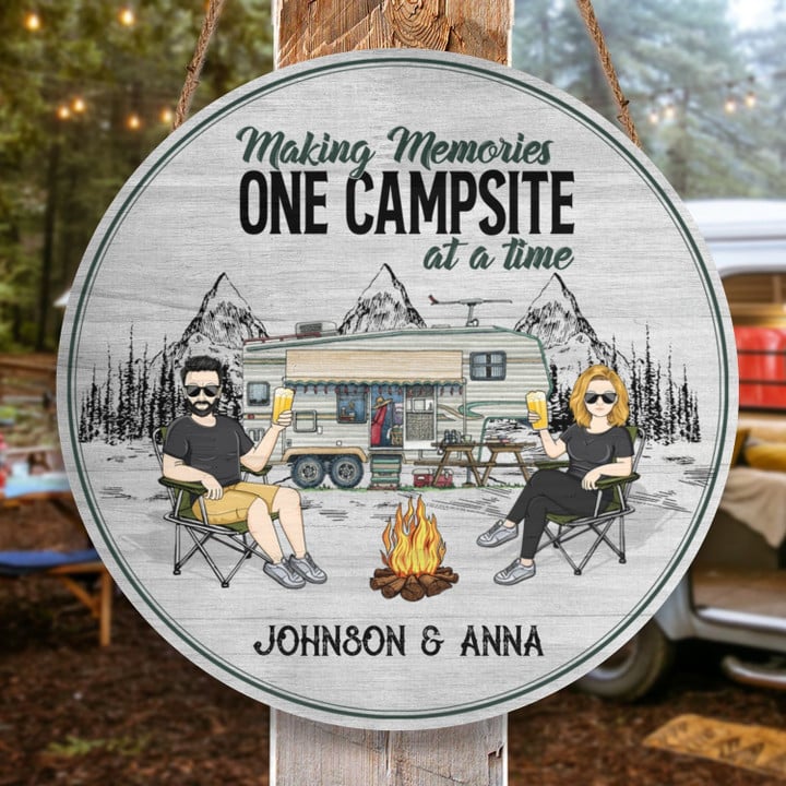 Making Memories One Campsite At A Time Husband Wife Camping Couple - Personalized Custom Round Wooden Sign