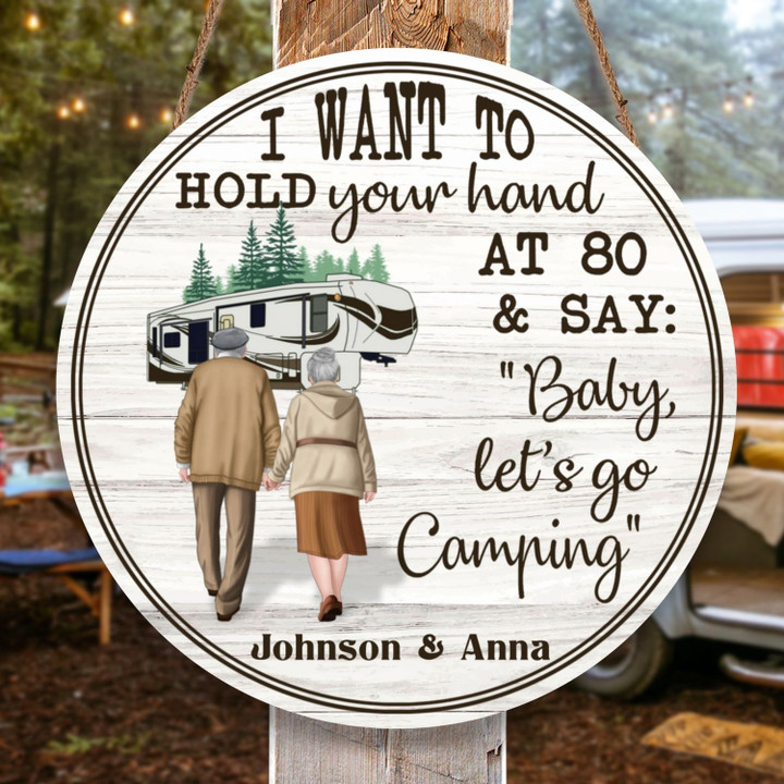 Old Couple Let's Go Camping - Personalized Custom Round Wooden Sign