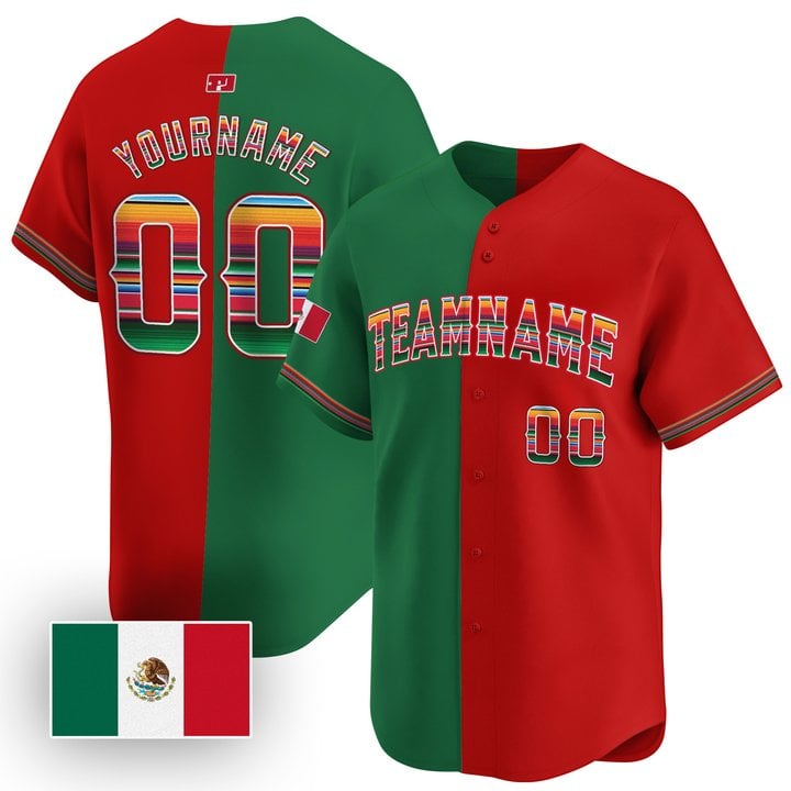 Green Red Split Mexico Flag Custom Baseball Jersey