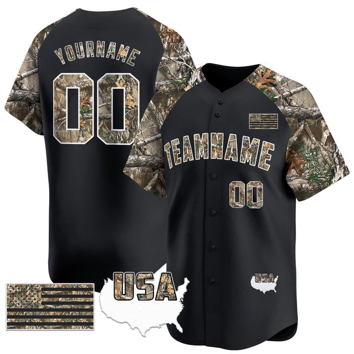 Black Alternate Camo Tree USA Flag Custom Baseball Jersey