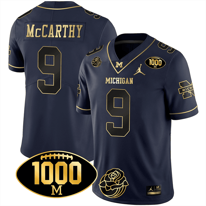 Men's Michigan Wolverines Gold Edition Jersey - Michigan 1000 Wins + Rose Bowl Patch