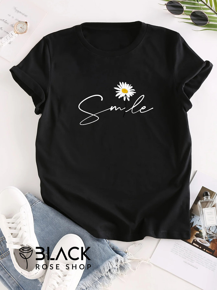 Flower & Smile Print Crew Neck T-Shirt, Casual Short Sleeve T-Shirt For Spring & Summer, Women cloth