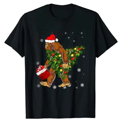 Bigfoot Carrying Christmas Tree Sasquatch Believer Pajama T-Shirt Gifts Boys Fashion Men Clothing Husband Gifts Graphic Tee Tops