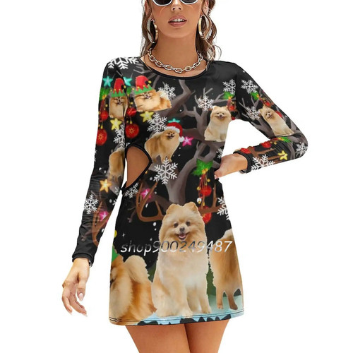 Christmas Pomeranian On Tree Santa Pomeranian Dog Lover Square Neck Dress New Plus Size Elegant Women Waist Tight Dress