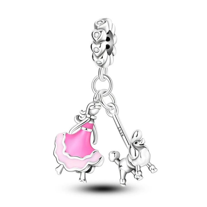 Pink Princess Dress Barbie And Poodle Charm Fit Pandora Bracelet Women's Anniversary Jewelry Gift