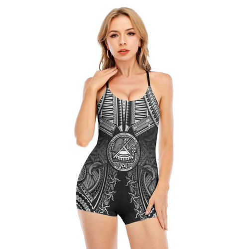 1sttheworld Clothing - American Samoa Tattoo Backless Romper With Black Straps A31