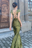Elegant Green V-Neck Satin Jacquard Dress