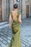 Elegant Green V-Neck Satin Jacquard Dress