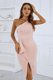 Sexy One Shoulder Sleeveless Ruffle Pink Bodycon Bandage Dress