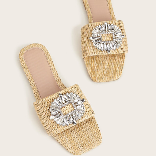 Rhinestone Women Slippers Bright Diamond Flat Bottom Cane Crystal Sandals