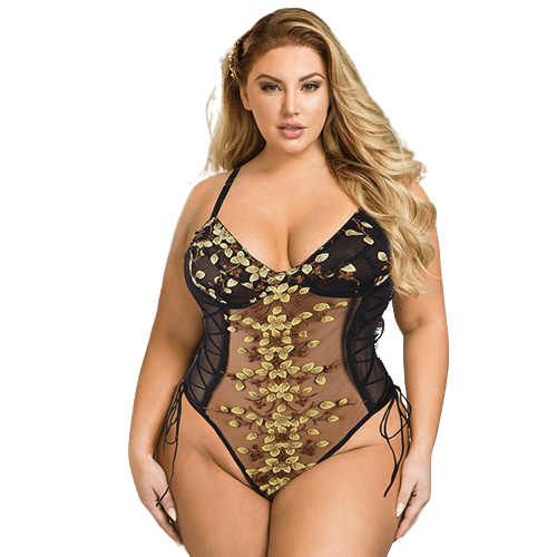 Plus Size Floral Lace Up Embroidered Top Summer Women Bodysuit