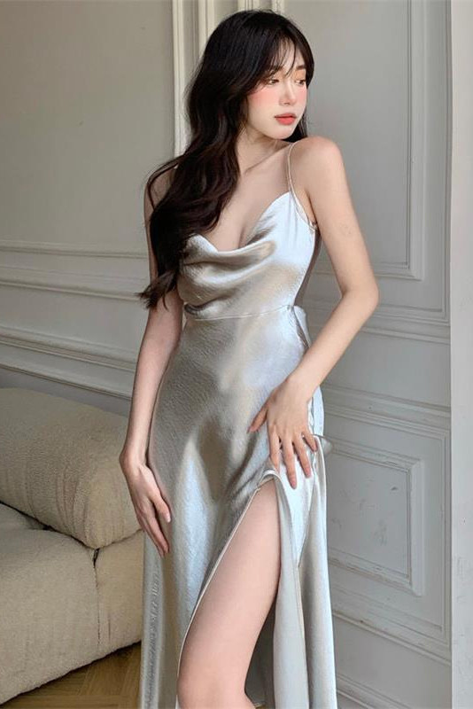 Silver Shiny Vintage Sling Long Dress