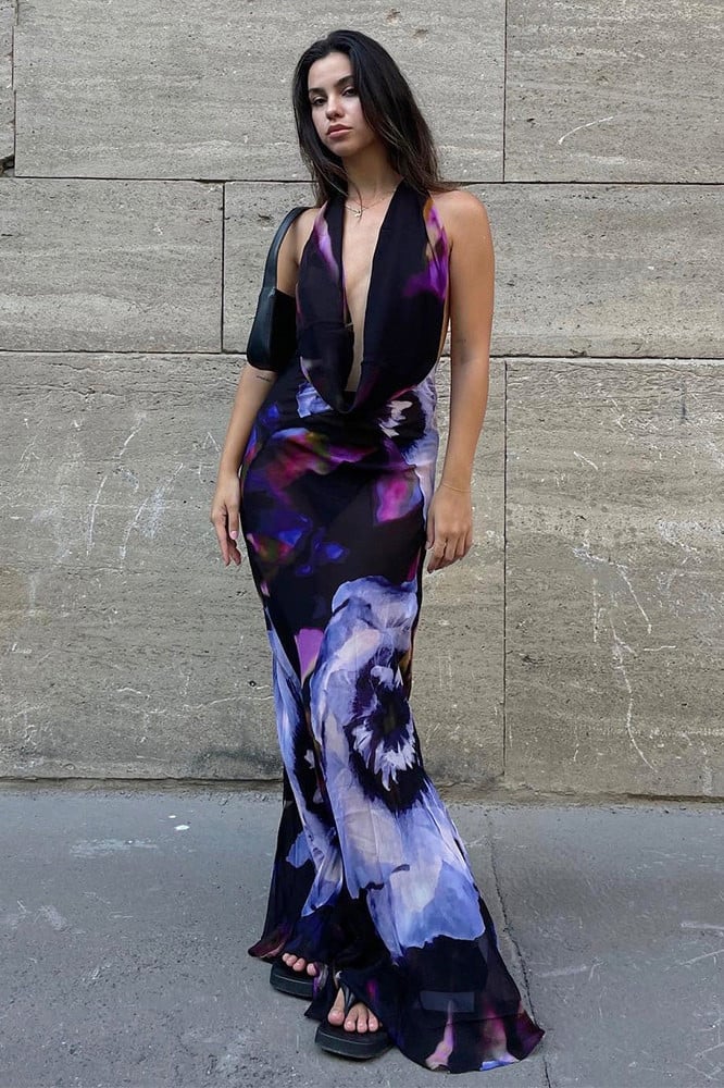 Sexy Purple Print Halter Bodycon Dress