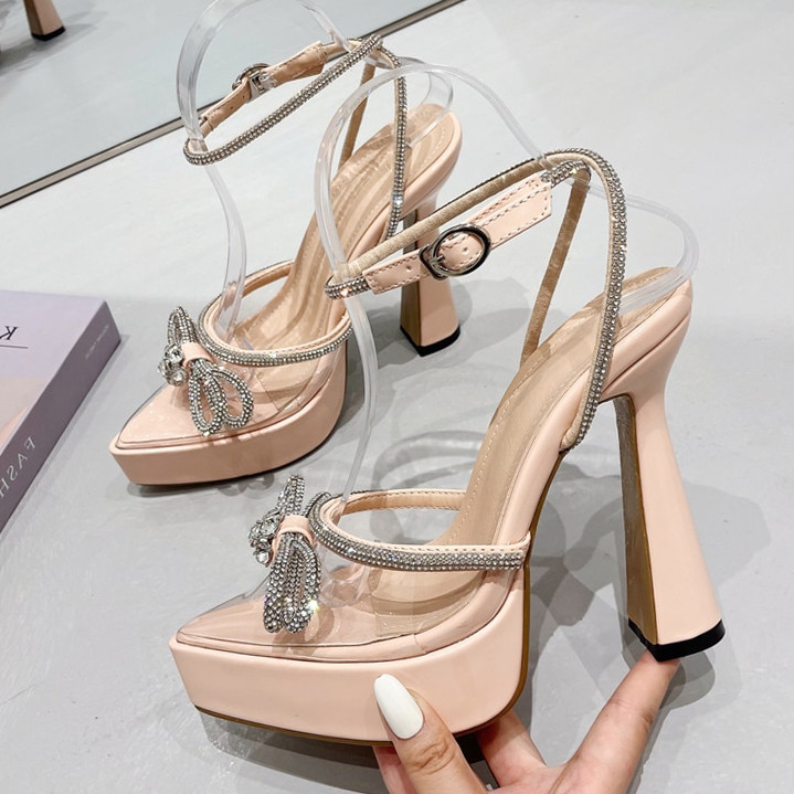 Butterfly-knot Crystal Pointed Toe Platform Prom Shoes