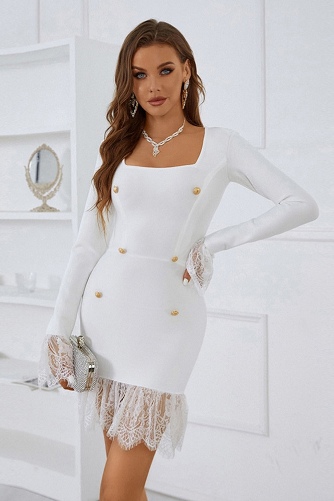 Sexy Square Neck Long Sleeves Lace Button Bodycon Bandage Dress