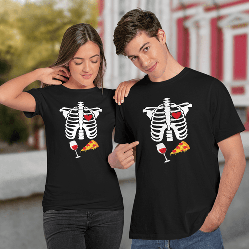 Halloween Skeleton Bones-Wine Pizza Funny T-shirt