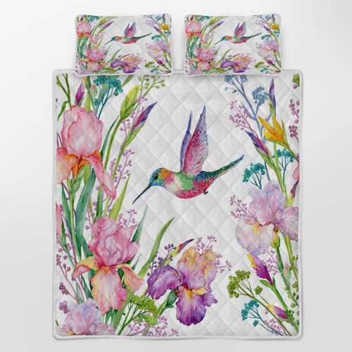 Colorful Flower Hummingbird Quilt Bedding Set