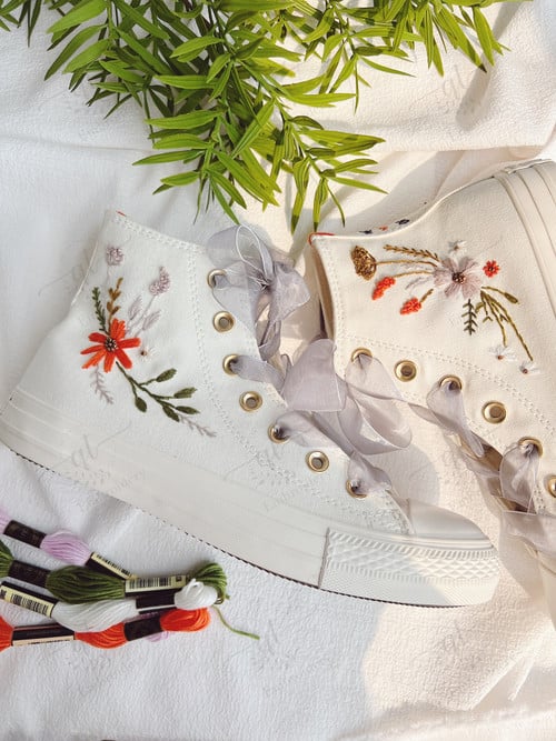 Converse All White Wedding Embroidered Converse Shoes/ Orange Flower Embroidered Converse Custom/ Wedding Embroidered Sneakers