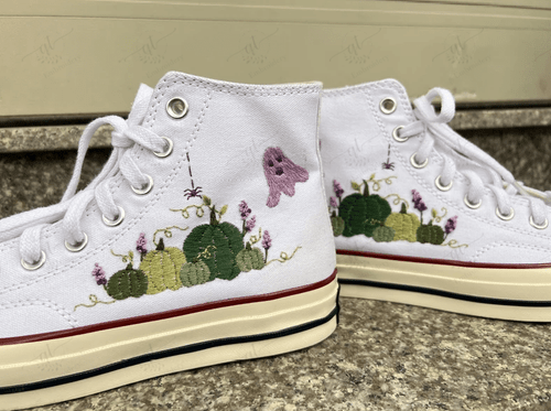 Custom Embroidery Halloween Converse White Platform Shoes Gift For Halloween Converse Chuck Taylor Embroidered Pumpkin And Ghost