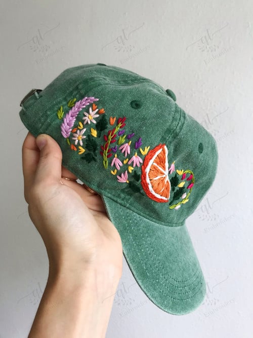 Hand Embroidered Hat, Floral Embroidered Denim Cap, Vintage Hat For Woman, Embroidered Baseball Cap, Birthday Gift, Gift For Women