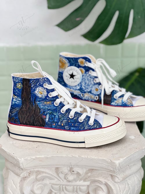 Personalize Painting Van Gogh Shoes, Converse Van Gogh Chuck Taylor High Top, Van Gogh Paint Converse, Custom Van Gogh Handmade Painting Converse