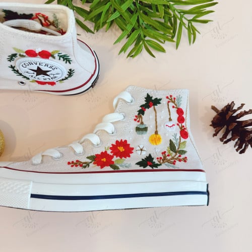 Converse Chuck Taylor Christmas Flowers Embroidery Converse Shoes, Embroidered Converse Custom, Christmas Shoes Gifts