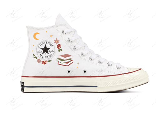 Personalize Cat Book Embroidery Converse, Flowers Embroidery Chuck Taylor High Top, Embroidered Converse
