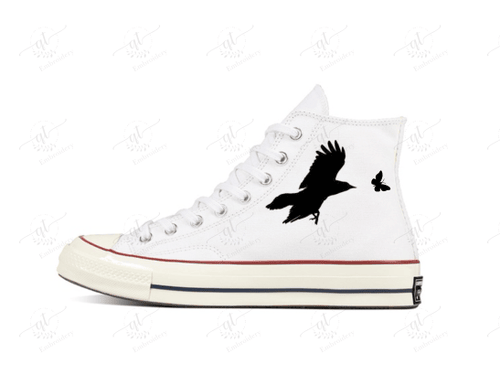 Personalize Crow Chasing Butterfly Embroidery Converse, Embroidery Chuck Taylor High Top, Embroidered Converse