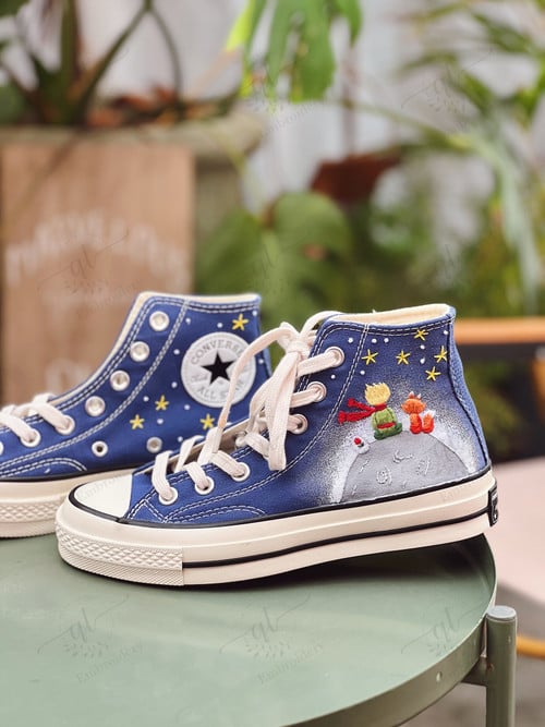 Personalize Little Prince Embroidery Converse, Flower Little Prince Embroidery Chuck Taylor High Top, Embroidered Converse