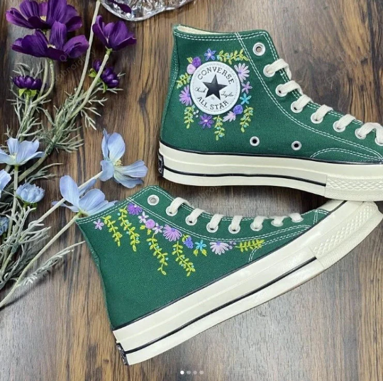 Custom Hand Embroidered Green Flowers Leaf Classic Converse/ Hand Embroidery Floral High Tops Shoes/ Embroidered Converse Chuck Shoes