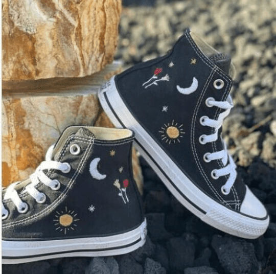 Custom hand embroidered converse shoes moon and sun/Hand Embroidery Floral High Tops Shoes/ Wedding Gift/ personalized gift for her