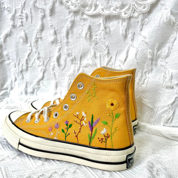 Custom Converse Chuck Taylor 1970s Floral Embroidery Shoes, Embroidery Universe And Stars Shoes, Custom Name Converse Shoes, Embroidered Flowers Converse Shoes